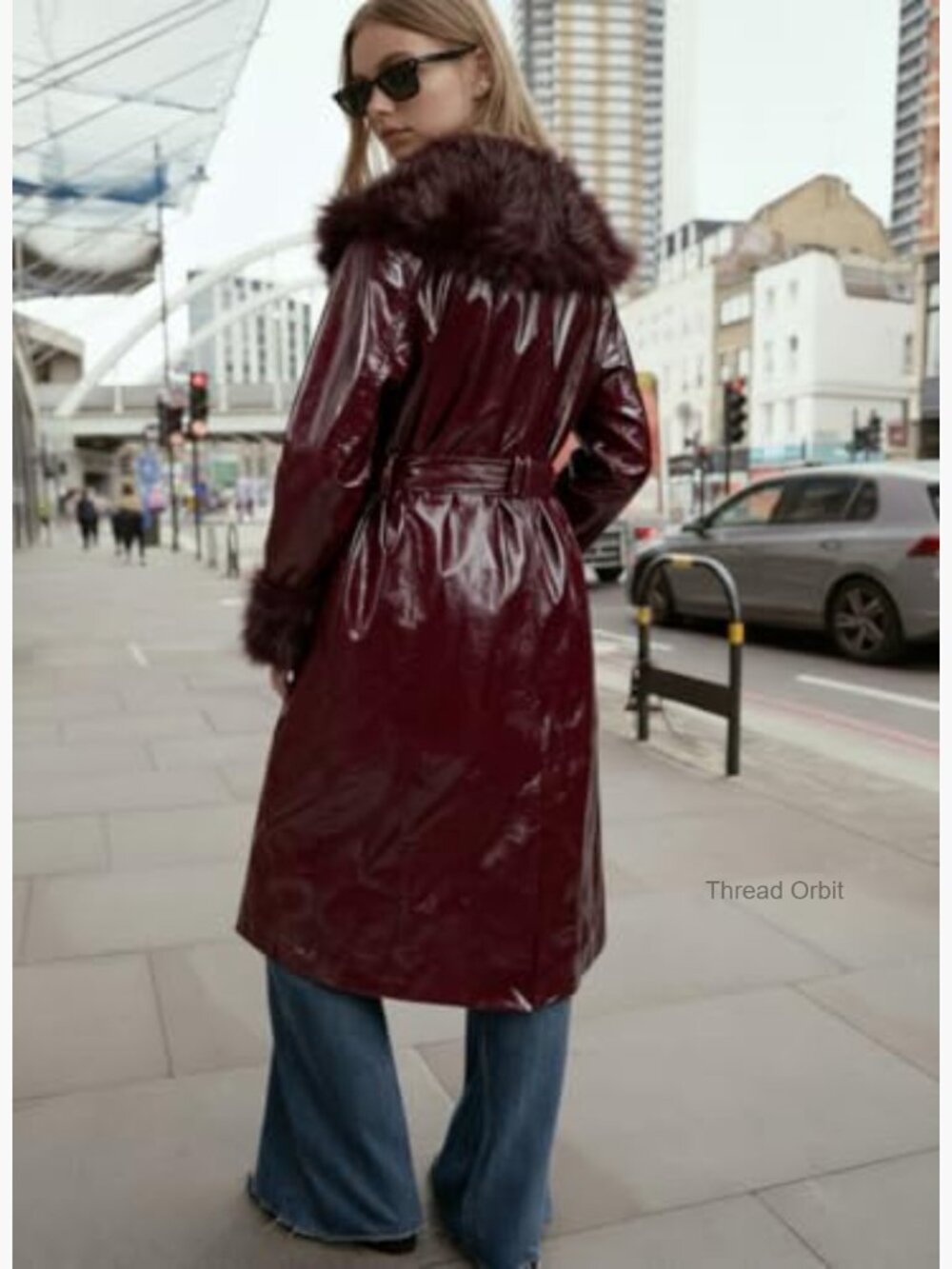 Faux Leather Coat with Faux Fur Collar, Long Sleeve Winter Coat with Belt - Picture 3 of 7